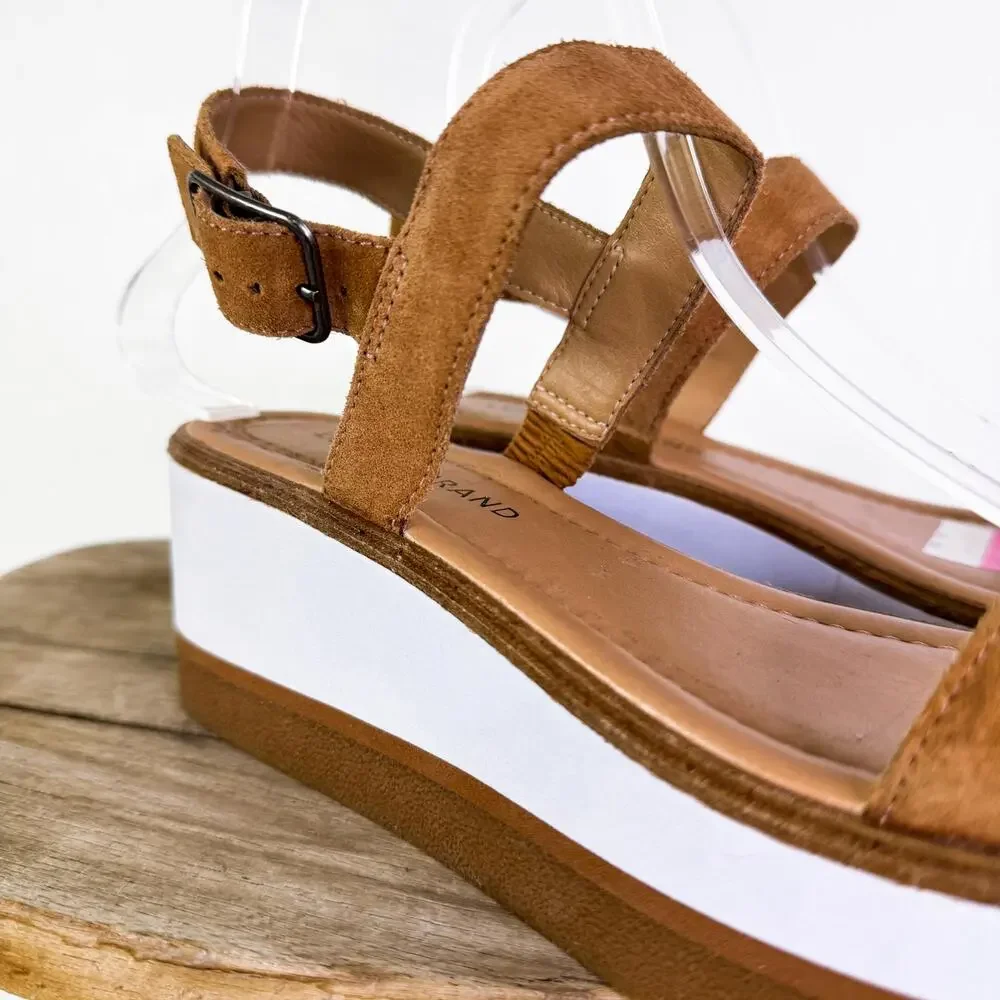 Lucky Brand LK-Tamri Suede Strap Wedge Platform Summer Sandals Cognac sz 9M NEW